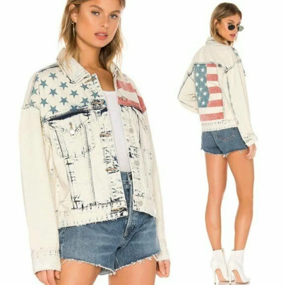 Blank NYC American Flag Red White Blue Distressed Button Denim Jacket Sz Small - Picture 3 of 12